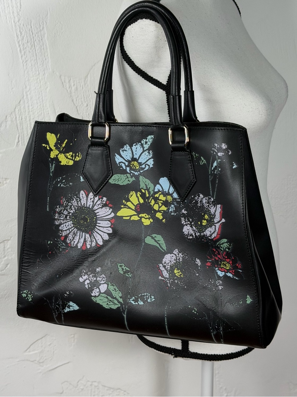 A. Bellucci Italian Leather Floral Print Tote Bag with Double Top Handles - EUC